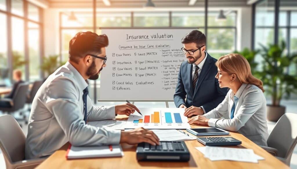 A detailed illustration of a professional insurance consultation scene, focusing on car insurance evaluation. In the foreground, a diverse group of three business professionals—two men and one woman—dressed in professional business attire, are gathered around a table with documents, laptops, and calculators. One individual is pointing at a chart showing differing insurance values, symbolizing the comparison between two insurance quotes. The middle layer features a large whiteboard with notes on common mistakes in insurance evaluations. In the background, a blurred view of a modern office setting with sunlight streaming through large windows, creating a bright and optimistic atmosphere. The overall mood conveys professionalism, teamwork, and analytical discussion. The angle is slightly elevated, providing a comprehensive view of the scene. A detailed illustration of a professional insurance consultation scene, focusing on car insurance evaluation. In the foreground, a diverse group of three business professionals—two men and one woman—dressed in professional business attire, are gathered around a table with documents, laptops, and calculators. One individual is pointing at a chart showing differing insurance values, symbolizing the comparison between two insurance quotes. The middle layer features a large whiteboard with notes on common mistakes in insurance evaluations. In the background, a blurred view of a modern office setting with sunlight streaming through large windows, creating a bright and optimistic atmosphere. The overall mood conveys professionalism, teamwork, and analytical discussion. The angle is slightly elevated, providing a comprehensive view of the scene.