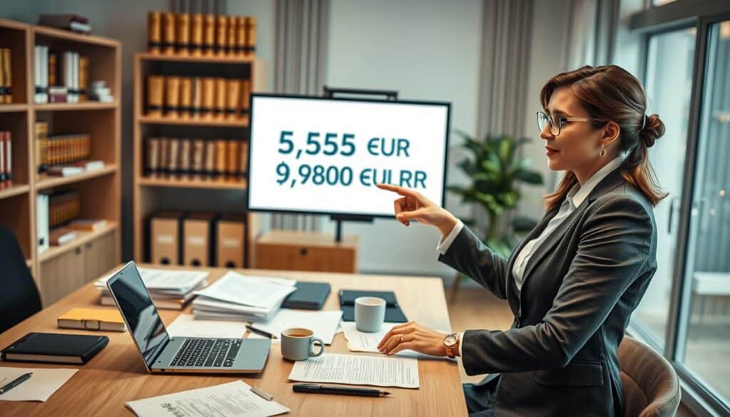 A dynamic office scene illustrating a professional discussion about insurance compensation. In the foreground, a confident woman in professional attire is engaged in an animated conversation, pointing at a laptop screen displaying two contrasting figures—5,555 EUR and 9,800 EUR. In the middle ground, a well-organized desk is cluttered with documents, a calculator, and a cup of coffee, suggesting an ongoing evaluation. The background features shelves lined with law books and a window allowing soft, natural light to filter in, casting a warm glow on the scene, enhancing the atmosphere of determination and professionalism. The overall mood is serious yet hopeful, symbolizing the pursuit of fair compensation.