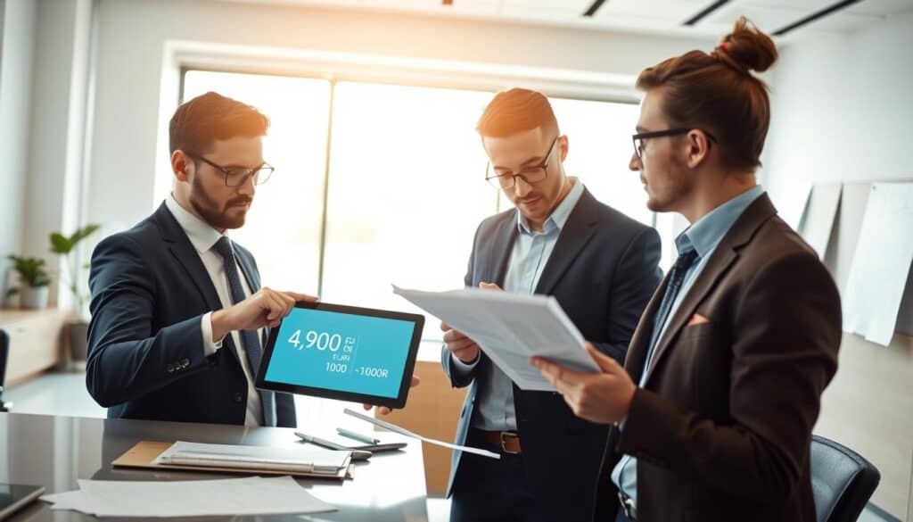 A professional business setting depicting two insurance agents engaged in a discussion over car insurance evaluations. In the foreground, one agent, wearing a smart suit, points to a digital tablet displaying contrasting figures: "4,900 EUR" and "10,200 EUR". The other agent, dressed in business casual, carefully analyzes a document with numerical data. In the middle background, an elegant office environment is visible, complete with a modern desk, papers, and financial charts on the walls. Soft natural light enters through a large window, creating a warm and inviting atmosphere. The mood is serious yet collaborative, emphasizing the importance of accurate insurance valuation within legal regulations. The image should not include any text or overlays. A professional business setting depicting two insurance agents engaged in a discussion over car insurance evaluations. In the foreground, one agent, wearing a smart suit, points to a digital tablet displaying contrasting figures: "4,900 EUR" and "10,200 EUR". The other agent, dressed in business casual, carefully analyzes a document with numerical data. In the middle background, an elegant office environment is visible, complete with a modern desk, papers, and financial charts on the walls. Soft natural light enters through a large window, creating a warm and inviting atmosphere. The mood is serious yet collaborative, emphasizing the importance of accurate insurance valuation within legal regulations. The image should not include any text or overlays.