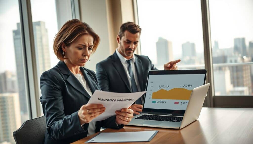 A professional meeting scene set in a modern office environment, depicting two business people engaged in a serious discussion. In the foreground, a middle-aged woman in a smart business suit, looking concerned while examining a document labeled "Insurance Valuation." In the middle, a man in a tailored blazer gestures towards a laptop screen displaying a graph comparing two valuation figures, 6,200 EUR and 11,400 EUR, emphasizing the disparity. The background features large windows showcasing a city skyline, bathed in soft natural light that creates a calm yet tense atmosphere. Warm, neutral colors dominate the scene, reflecting professionalism and urgency. The angle is slightly from above, capturing the subjects' expressions of determination and focus as they navigate the complexities of insurance compensation. A professional meeting scene set in a modern office environment, depicting two business people engaged in a serious discussion. In the foreground, a middle-aged woman in a smart business suit, looking concerned while examining a document labeled "Insurance Valuation." In the middle, a man in a tailored blazer gestures towards a laptop screen displaying a graph comparing two valuation figures, 6,200 EUR and 11,400 EUR, emphasizing the disparity. The background features large windows showcasing a city skyline, bathed in soft natural light that creates a calm yet tense atmosphere. Warm, neutral colors dominate the scene, reflecting professionalism and urgency. The angle is slightly from above, capturing the subjects' expressions of determination and focus as they navigate the complexities of insurance compensation.