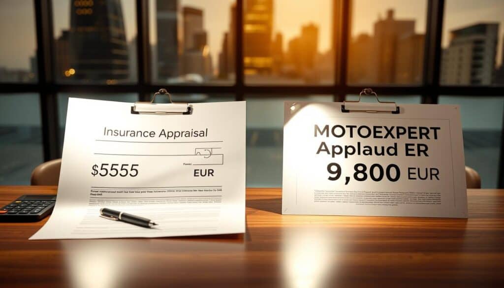 A professional office setting featuring two contrasting documents side by side on a sleek wooden desk. On the left, a neatly arranged document labeled "Insurance Appraisal 5,555 EUR" with a soft light illuminating it, showcasing a calculator and a pen beside it. On the right, a more prominently displayed document titled "MOTOEXPERT Appraisal 9,800 EUR" with a bright spotlight highlighting its details, suggesting significance and value. Behind these, a blurred image of a city skyline through a large window, symbolizing financial context and decision-making. The atmosphere is serious yet hopeful, capturing the essence of evaluating insurance claims. The lighting is warm and professional, enhancing a business-like mood, suitable for an informative article.