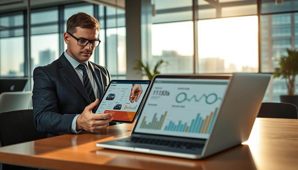 A sleek, modern office environment with a professional atmosphere is depicted in the foreground. A confident business consultant, dressed in smart formal attire, is examining a high-tech tablet that displays detailed vehicle valuation data. In the middle ground, an open laptop is shown with financial graphs and charts related to car valuations, illustrating the efficiency of MOTOEXPERT. The background features a large window with a cityscape view, reflecting a bright and sunny day, enhancing the sense of professionalism and trust. Soft, natural lighting illuminates the scene, creating a warm yet focused ambiance. The angle is slightly elevated, offering a comprehensive view of the workspace, emphasizing the theme of expert vehicle valuation. A sleek, modern office environment with a professional atmosphere is depicted in the foreground. A confident business consultant, dressed in smart formal attire, is examining a high-tech tablet that displays detailed vehicle valuation data. In the middle ground, an open laptop is shown with financial graphs and charts related to car valuations, illustrating the efficiency of MOTOEXPERT. The background features a large window with a cityscape view, reflecting a bright and sunny day, enhancing the sense of professionalism and trust. Soft, natural lighting illuminates the scene, creating a warm yet focused ambiance. The angle is slightly elevated, offering a comprehensive view of the workspace, emphasizing the theme of expert vehicle valuation.