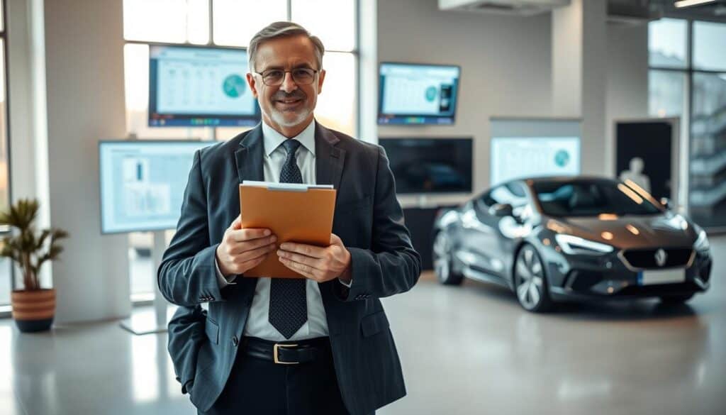 A detailed and professional image of a car appraiser, known as "rzeczoznawca MOTOEXPERT," standing confidently in an office setting. In the foreground, the appraiser, a middle-aged man in professional business attire, holds a clipboard, examining a vehicle's condition. The middle ground features a modern office environment with computer screens displaying vehicle valuations and assessment reports. In the background, a sleek car is parked, illuminated by soft, natural light coming through large windows, casting a warm glow on the scene. The mood is focused and analytical, reflecting the precise and critical role of the appraiser in the valuation process. The composition should be framed from a low angle to emphasize the appraiser's authority and dedication.