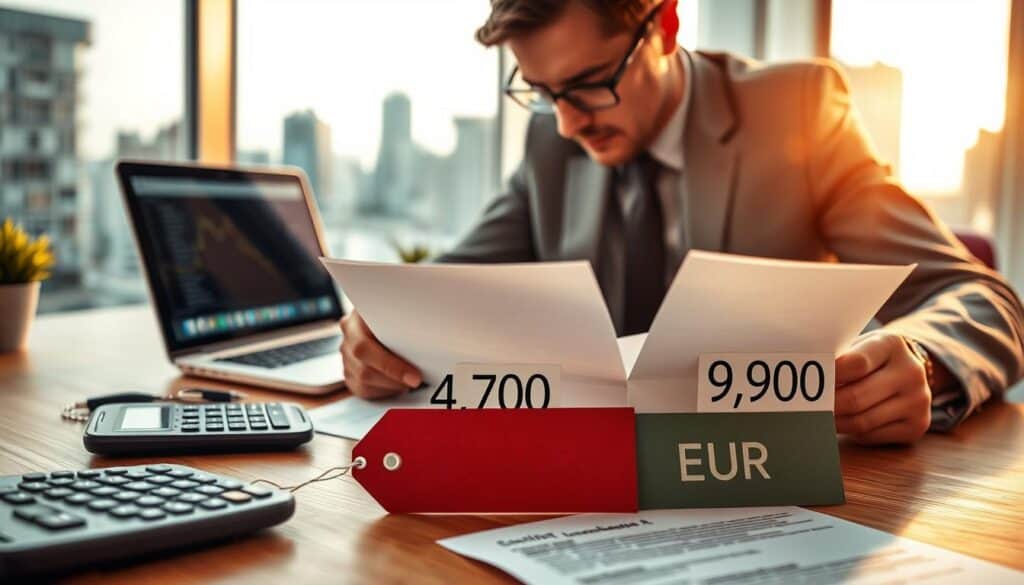 A detailed and visually striking representation of "automobile insurance" as a central theme. In the foreground, a professional consultant in business attire is examining insurance documents at a sleek wooden desk, with a calculator and a laptop showing insurance statistics. The middle ground features two contrasting price tags, one labeled 4,700 EUR and the other 9,900 EUR, artistically styled to emphasize the differences. In the background, a blurred cityscape signifies urban living, hinting at the relevance of insurance in daily life. The lighting is warm and inviting, creating a thoughtful atmosphere as the consultant deepens their analysis. The angle is slightly tilted down to capture both the consultant’s focused expression and the documents on the desk, emphasizing the impact of pricing decisions on consumer choice.