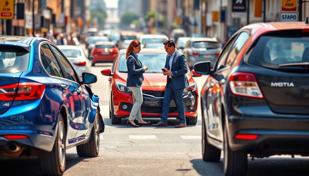 A detailed depiction of a traffic accident scene, showcasing two vehicles involved in a minor collision on a city street. In the foreground, a blue sedan and a red hatchback are positioned at a slight angle, with visible damage on both cars. The middle ground features two professional individuals, one in a business suit and the other in a smart casual outfit, examining the vehicles and discussing the damage. The background reveals a bustling urban scene, with pedestrians and traffic in soft focus, illustrating a vibrant city atmosphere. The lighting is bright and natural, suggesting a clear day, capturing the mood of a busy but chaotic moment. The viewpoint is slightly elevated, giving a comprehensive perspective of the incident. A detailed depiction of a traffic accident scene, showcasing two vehicles involved in a minor collision on a city street. In the foreground, a blue sedan and a red hatchback are positioned at a slight angle, with visible damage on both cars. The middle ground features two professional individuals, one in a business suit and the other in a smart casual outfit, examining the vehicles and discussing the damage. The background reveals a bustling urban scene, with pedestrians and traffic in soft focus, illustrating a vibrant city atmosphere. The lighting is bright and natural, suggesting a clear day, capturing the mood of a busy but chaotic moment. The viewpoint is slightly elevated, giving a comprehensive perspective of the incident.