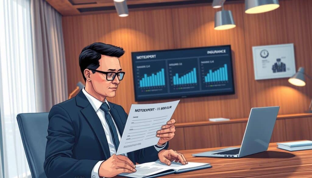 A detailed illustration of a sophisticated office environment, showcasing a professional setting with a modern wooden desk and a laptop displaying financial graphs. In the foreground, a business professional in a tailored suit reviews a document labeled "MOTOEXPERT - 11 800 EUR". The individual, a middle-aged man with short dark hair and glasses, has a focused expression, highlighting his analytical approach. In the middle background, a wall-mounted screen displays comparative data graphs, emphasizing the difference between insurance valuations. Soft, warm lighting emanates from a desk lamp and overhead fixtures, creating a sense of focus and determination. The colors are rich and inviting, with a calming palette of blues and earthy tones, contributing to a professional, confident atmosphere. A detailed illustration of a sophisticated office environment, showcasing a professional setting with a modern wooden desk and a laptop displaying financial graphs. In the foreground, a business professional in a tailored suit reviews a document labeled "MOTOEXPERT - 11 800 EUR". The individual, a middle-aged man with short dark hair and glasses, has a focused expression, highlighting his analytical approach. In the middle background, a wall-mounted screen displays comparative data graphs, emphasizing the difference between insurance valuations. Soft, warm lighting emanates from a desk lamp and overhead fixtures, creating a sense of focus and determination. The colors are rich and inviting, with a calming palette of blues and earthy tones, contributing to a professional, confident atmosphere.