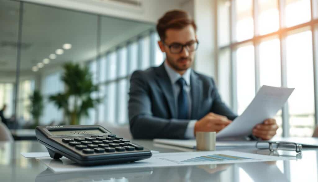 A detailed image illustrating the concept of "insurance value" with a focus on precision in valuation comparisons. In the foreground, place a professional-looking calculator and a graph showing fluctuating values, with the figures 5,900 EUR and 11,800 EUR highlighted. The middle ground features a confident business professional in smart attire, studying documents on a desk, reflecting critical analysis. The background shows a sleek office environment with soft, natural lighting filtering through large windows, creating a productive atmosphere. Use a slightly elevated angle to capture all elements, emphasizing the analytical nature of insurance valuation. The overall mood should be focused and analytical, showcasing the importance of accurate pricing in the insurance sector.