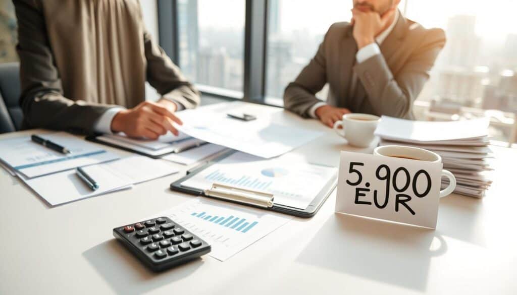 A detailed, professional analysis of an insurance valuation labeled "5,900 EUR." In the foreground, display a neat, organized desk with an elegant calculator, a tablet showcasing financial graphs, and a clipboard with documents. The middle ground features a financial analyst, a middle-aged man in a tailored suit, focused on the documents, with a thoughtful expression. Surrounding him, piles of paperwork and a cup of coffee create a busy but organized workspace. In the background, a large window reveals a modern city skyline with soft daylight streaming in, casting gentle shadows. The atmosphere is analytical and professional, emphasizing a serious approach to valuation analysis. Use natural lighting for clarity and a slight depth-of-field effect to focus on the subject.
