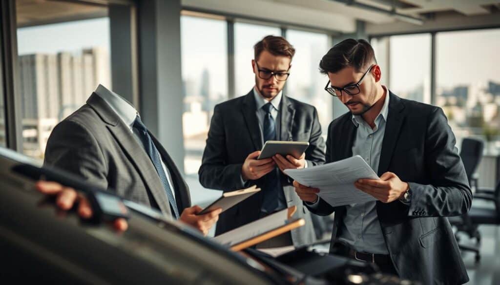 A detailed, professional setting depicting the process of insurance damage assessment. In the foreground, a well-dressed insurance adjuster, wearing a suit and holding a clipboard, is inspecting a car's damage, with focused expression. In the middle ground, another professional, donning a smart pair of glasses, is seated at a desk with paperwork spread out, calculating costs with a calculator, looking thoughtful. The background features a well-lit office environment, with large windows allowing natural light to flood in, showcasing a cityscape outside. Soft shadows enhance the depth of the scene, creating a serious yet professional atmosphere. Emphasize clarity and organization, ensuring a sleek and polished look overall.