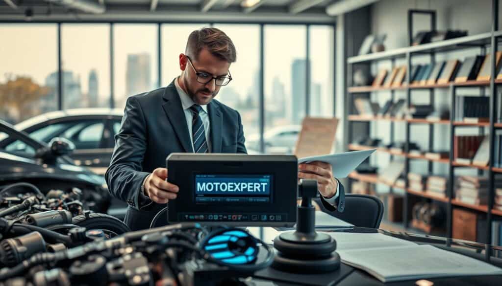 A detailed scene featuring a professional vehicle appraiser, dressed in business attire, engaging thoughtfully with a high-tech evaluation tool labeled "MOTOEXPERT." In the foreground, the appraiser examines the tool closely, surrounded by car parts and documents that convey the evaluation process. The middle ground showcases a sleek office environment, with a large window revealing a modern cityscape outside, allowing soft natural light to flood the room. The background includes shelves filled with automotive books and awards, enhancing the expertise theme. The overall atmosphere is focused and professional, underscoring the theme of accuracy and reliability in vehicle appraisal. The lens focus is sharp on the appraiser and the tool, with a soft bokeh effect on the background to emphasize clarity and professionalism.