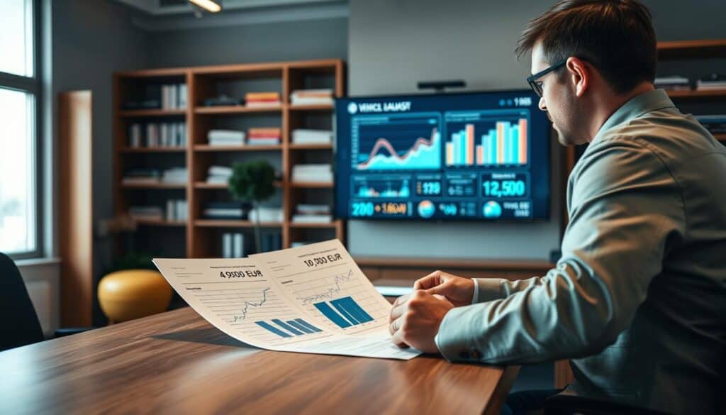 A detailed scene illustrating the vehicle valuation process in a modern office environment. In the foreground, a well-dressed financial analyst reviews two reports on a sleek wooden desk, emphasizing contrasting figures of 4,900 EUR and 10,200 EUR. In the middle ground, a digital screen displays graphs and key metrics related to vehicle assessments, illuminated by soft, cool lighting. The background features shelves filled with automotive books and documents, hinting at a professional atmosphere. Use a wide-angle lens to capture the depth of the room, ensuring the lighting creates a focused and serious mood, ideal for an analysis section. A detailed scene illustrating the vehicle valuation process in a modern office environment. In the foreground, a well-dressed financial analyst reviews two reports on a sleek wooden desk, emphasizing contrasting figures of 4,900 EUR and 10,200 EUR. In the middle ground, a digital screen displays graphs and key metrics related to vehicle assessments, illuminated by soft, cool lighting. The background features shelves filled with automotive books and documents, hinting at a professional atmosphere. Use a wide-angle lens to capture the depth of the room, ensuring the lighting creates a focused and serious mood, ideal for an analysis section.