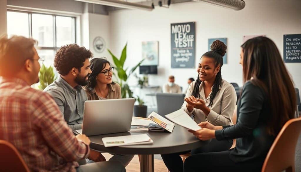 A group of diverse customers engaged in a lively discussion about their experiences with MOTOEXPERT, set in a modern office environment. In the foreground, two individuals, a man in a smart casual shirt and a woman in a professional blouse, are sharing thoughts while looking at a laptop screen displaying MOTOEXPERT's interface. In the middle, a small round table is filled with automotive brochures and a notepad covered in handwritten notes. The background features a bright, airy workspace with large windows letting in natural light, plants adding a touch of greenery, and motivational posters on the walls. The atmosphere is collaborative and optimistic, capturing the essence of positive customer feedback. Soft focus on the background to emphasize the conversation. High-quality, warm lighting with a slight lens flare to enhance the inviting feel. A group of diverse customers engaged in a lively discussion about their experiences with MOTOEXPERT, set in a modern office environment. In the foreground, two individuals, a man in a smart casual shirt and a woman in a professional blouse, are sharing thoughts while looking at a laptop screen displaying MOTOEXPERT's interface. In the middle, a small round table is filled with automotive brochures and a notepad covered in handwritten notes. The background features a bright, airy workspace with large windows letting in natural light, plants adding a touch of greenery, and motivational posters on the walls. The atmosphere is collaborative and optimistic, capturing the essence of positive customer feedback. Soft focus on the background to emphasize the conversation. High-quality, warm lighting with a slight lens flare to enhance the inviting feel.