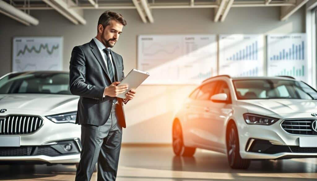 A meticulously arranged scene depicting vehicle appraisal, highlighting the contrast in vehicle valuations. In the foreground, a professional appraiser in smart business attire is studying a sleek car with a digital tablet in hand, intently focused on a value report. The middle ground features two cars, one representing a lower valuation and the other a higher valuation, parked side by side under bright, natural daylight. In the background, a detailed office environment with charts and graphs illustrating cost analysis can be seen, creating an atmosphere of expertise and analysis. Use a wide-angle perspective to encompass the scene with soft lighting to enhance clarity and focus on the appraisal process, evoking a sense of professionalism and trustworthiness. No text, logos, or overlays should be present.