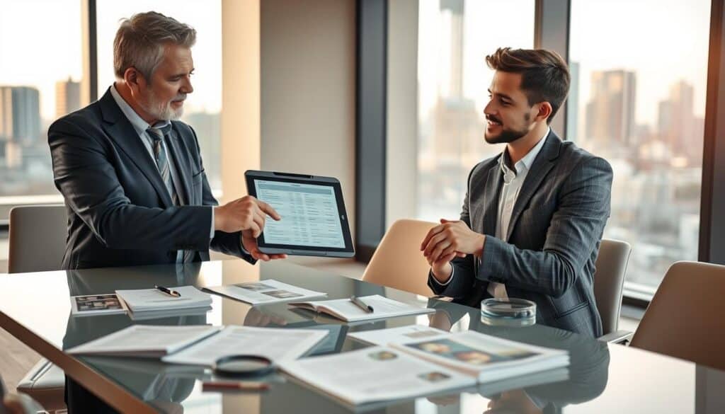 A modern insurance office setting, showcasing a professional insurance agent discussing policies with a client. In the foreground, the agent, a middle-aged person in a tailored suit, is pointing at a digital tablet displaying various insurance quotes. The client, a young adult in smart casual attire, is listening attentively with a thoughtful expression. In the middle ground, an elegantly arranged conference table with brochures and documents spread out, conveying a sense of detailed analysis. The background features a large window with natural light pouring in, revealing a city skyline. The atmosphere is one of professionalism and trust, subtly illuminated with warm lighting, evoking a sense of clarity and focus.