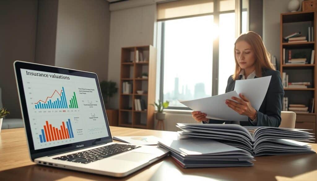 A modern office setting, highlighting a detailed desk scene. In the foreground, a sleek laptop displays financial charts and graphs illustrating insurance valuations. To the right, a professional woman in business attire analyzes documents, looking thoughtful and engaged, surrounded by a few open folders filled with color-coded papers. In the middle ground, a large window offers a view of a city skyline, softly illuminated by afternoon sunlight, casting gentle shadows across the room. The background features a minimalist bookshelf filled with industry-related books. The atmosphere is focused and serious, reflecting the cautious analysis of financial discrepancies in insurance pricing, with warm, inviting lighting creating a conducive working environment. A modern office setting, highlighting a detailed desk scene. In the foreground, a sleek laptop displays financial charts and graphs illustrating insurance valuations. To the right, a professional woman in business attire analyzes documents, looking thoughtful and engaged, surrounded by a few open folders filled with color-coded papers. In the middle ground, a large window offers a view of a city skyline, softly illuminated by afternoon sunlight, casting gentle shadows across the room. The background features a minimalist bookshelf filled with industry-related books. The atmosphere is focused and serious, reflecting the cautious analysis of financial discrepancies in insurance pricing, with warm, inviting lighting creating a conducive working environment.