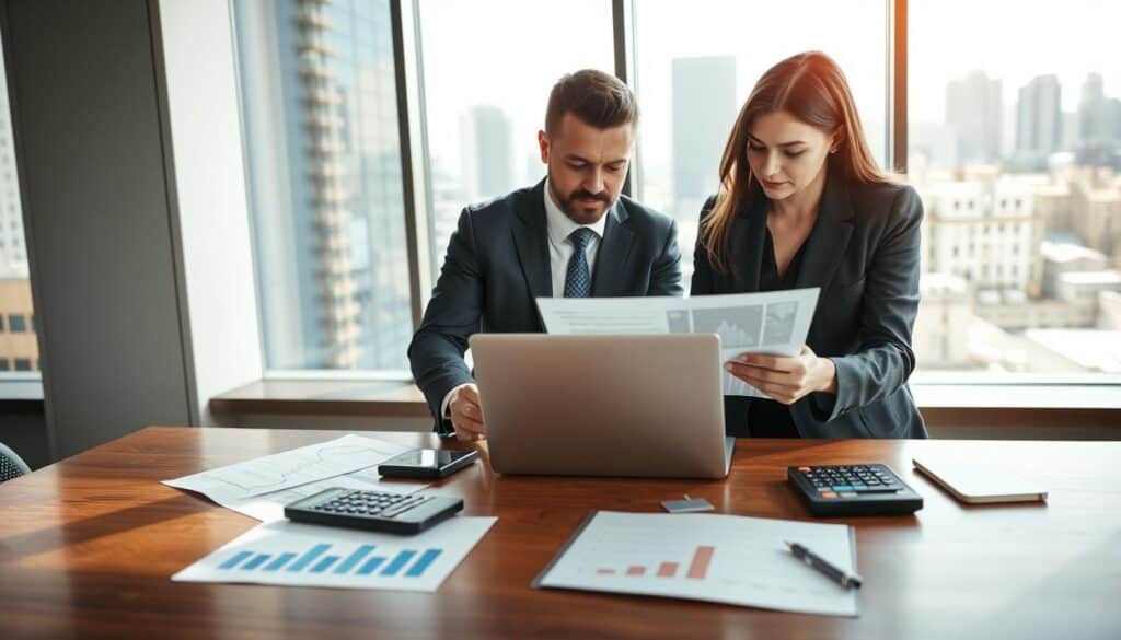 A modern office setting where two professionals, a man and a woman, are engaged in a focused discussion over financial documents related to property insurance. The foreground features a polished wooden table with charts and calculators, symbolizing analysis and evaluation. In the middle, the two professionals are dressed in sharp business attire, looking intently at a laptop displaying comparative insurance valuations. The background shows a large window with cityscape views, bathing the scene in natural light, creating a bright and optimistic atmosphere. Soft shadows add depth, suggesting a serious yet collaborative mood. The overall image conveys professionalism, clarity, and the importance of accurate insurance valuation in a contemporary business environment.