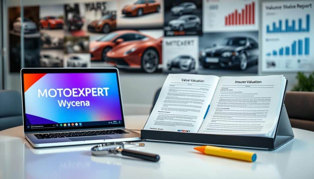 A professional and engaging office setting showcasing two distinct valuation reports for automobile insurance. In the foreground, a laptop opened to a vibrant digital presentation titled "MOTOEXPERT Wycena" alongside a contrasting traditional paper document labeled "Insurer Valuation." In the middle, a modern conference table with sleek design elements, featuring a magnifying glass and highlighters scattered around. In the background, a blurred wall adorned with automotive photos and financial charts, adding depth to the scene. The lighting is bright and focused, enhancing the clarity of the documents. The mood is analytical and professional, inviting viewers to contemplate the differences in valuations, emphasizing a sense of reliability and trust in the "MOTOEXPERT" service. A professional and engaging office setting showcasing two distinct valuation reports for automobile insurance. In the foreground, a laptop opened to a vibrant digital presentation titled "MOTOEXPERT Wycena" alongside a contrasting traditional paper document labeled "Insurer Valuation." In the middle, a modern conference table with sleek design elements, featuring a magnifying glass and highlighters scattered around. In the background, a blurred wall adorned with automotive photos and financial charts, adding depth to the scene. The lighting is bright and focused, enhancing the clarity of the documents. The mood is analytical and professional, inviting viewers to contemplate the differences in valuations, emphasizing a sense of reliability and trust in the "MOTOEXPERT" service.