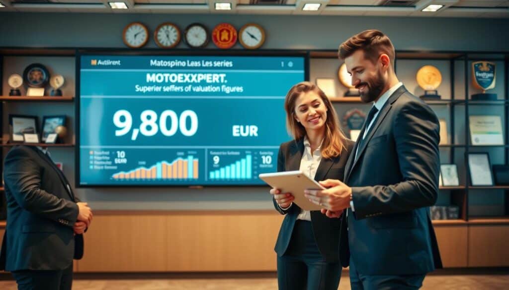 A professional and inviting office environment showcasing MOTOEXPERT as a leader in vehicle valuation. In the foreground, a confident male and female team, both dressed in tailored business attire, discuss vehicle data on a digital tablet, emphasizing collaboration and expertise. In the middle ground, a large screen displays graphs and statistics highlighting MOTOEXPERT's superior valuation figures, including "9,800 EUR" prominently featured without text. The background features shelves adorned with automotive awards and certifications, symbolizing trust and authority in the industry. Soft, diffused lighting illuminates the scene, creating a warm and professional atmosphere, while a wide-angle perspective captures the entire setting, making it feel dynamic and engaging. A professional and inviting office environment showcasing MOTOEXPERT as a leader in vehicle valuation. In the foreground, a confident male and female team, both dressed in tailored business attire, discuss vehicle data on a digital tablet, emphasizing collaboration and expertise. In the middle ground, a large screen displays graphs and statistics highlighting MOTOEXPERT's superior valuation figures, including "9,800 EUR" prominently featured without text. The background features shelves adorned with automotive awards and certifications, symbolizing trust and authority in the industry. Soft, diffused lighting illuminates the scene, creating a warm and professional atmosphere, while a wide-angle perspective captures the entire setting, making it feel dynamic and engaging.