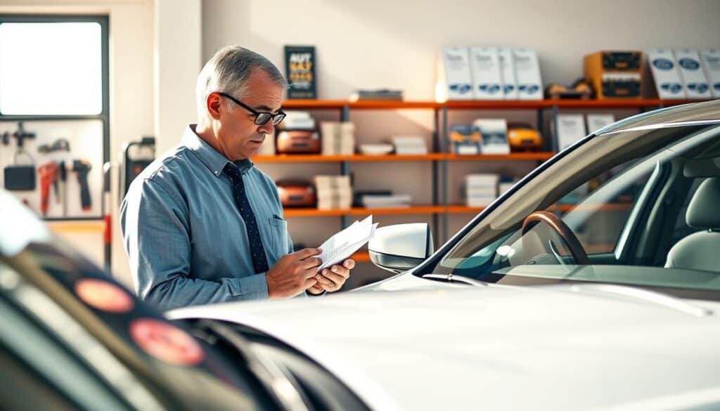 A professional appraiser examining a vehicle in a bright, sunlit garage. In the foreground, a middle-aged man in business attire closely inspects the car's condition with a notepad in hand, showcasing focused concentration. The middle ground features a detailed ambiance of tools, a laptop displaying valuation software, and a clear view of the car’s interior and exterior. In the background, there are shelves with automotive manuals and appraisal documents, creating a context of professionalism. The lighting is warm, casting gentle shadows that enhance the clarity of the scene. The overall mood is serious and focused, emphasizing the appraiser's critical role in the valuation process.