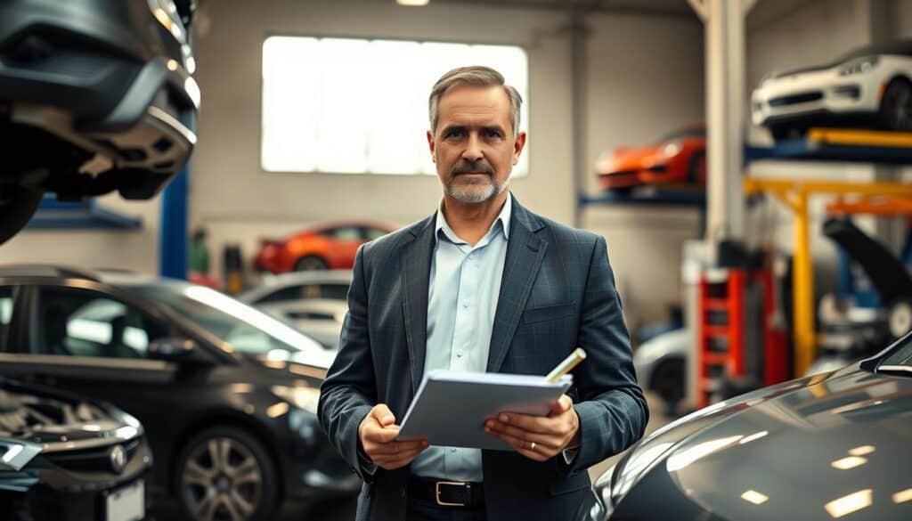 A professional automotive expert, depicted as a middle-aged Caucasian man wearing a smart business suit, stands confidently in a workshop. He is examining a car with detailed focus, holding a clipboard and a measuring tool. In the background, an assortment of vehicles and automotive tools are artfully arranged, hinting at a busy but organized environment. Soft, natural lighting filters through a large window, illuminating the subject and casting gentle shadows. The camera angle is slightly low, emphasizing the expert’s authority and professionalism. The mood is serious yet optimistic, reflecting the commitment to thorough evaluations and fair appraisals. The overall color palette is balanced with warm tones, enhancing the inviting yet professional atmosphere of the scene.