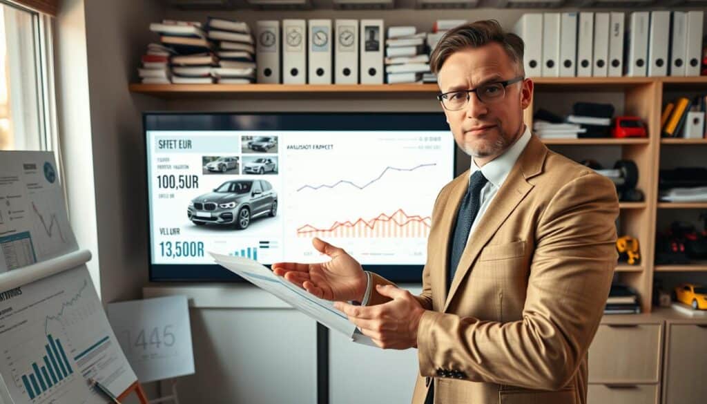 A professional automotive expert, depicted in smart business attire, stands confidently in a well-lit office filled with automotive charts and valuation documents. In the foreground, the expert is analyzing a detailed report on a sleek, modern vehicle, gesturing towards the data suggesting a higher valuation of 13,500 EUR. The middle layer features a large digital screen displaying the vehicle’s specifications and images, with intricate graphs illustrating the valuation comparison. The background showcases bookshelves filled with automotive reference materials and various tools, emphasizing expertise in vehicle appraisal. Soft, natural lighting from a nearby window casts a warm glow, creating an atmosphere of professionalism and trust. The camera angle is slightly above eye level, enhancing the subject's authority.