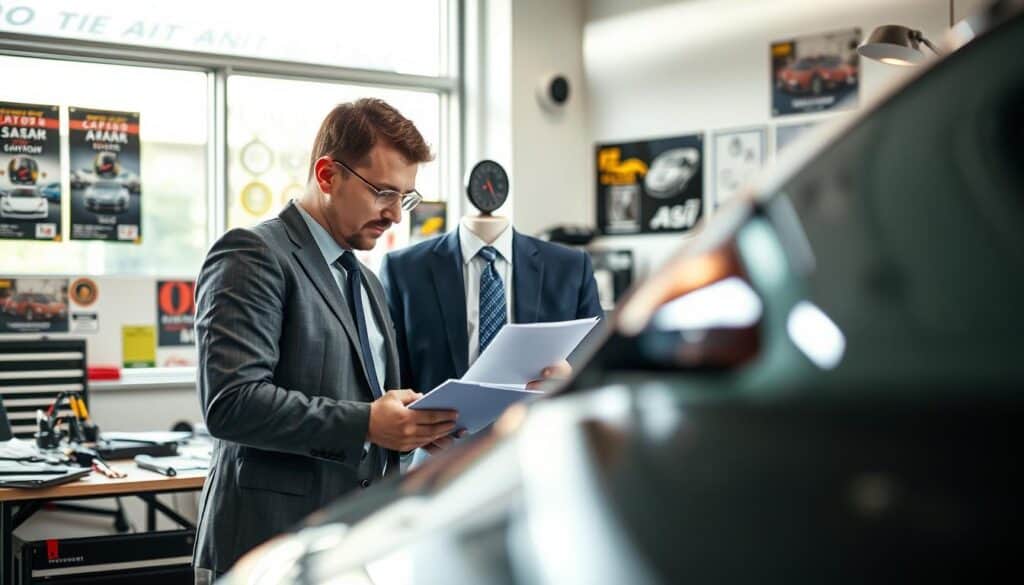 A professional automotive expert, dressed in formal business attire, is inspecting a car in a well-lit office environment. The foreground features the expert examining a vehicle's bodywork, with a clipboard in hand, focused intently on details. In the middle ground, a desk with automotive tools and equipment is visible, adding context to the expert's work. The background showcases a large window with natural light pouring in, illuminating the modern office space filled with automotive posters and awards. The overall mood is serious and professional, conveying expertise and trustworthiness. The image should be clear, vibrant, and engaging, with a slight depth of field effect to draw attention to the expert and the vehicle being assessed. A professional automotive expert, dressed in formal business attire, is inspecting a car in a well-lit office environment. The foreground features the expert examining a vehicle's bodywork, with a clipboard in hand, focused intently on details. In the middle ground, a desk with automotive tools and equipment is visible, adding context to the expert's work. The background showcases a large window with natural light pouring in, illuminating the modern office space filled with automotive posters and awards. The overall mood is serious and professional, conveying expertise and trustworthiness. The image should be clear, vibrant, and engaging, with a slight depth of field effect to draw attention to the expert and the vehicle being assessed.
