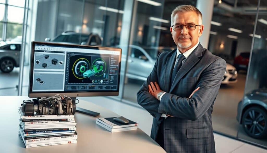 A professional automotive expert, known as "rzeczoznawca motoryzacyjny," stands confidently in a modern office environment. In the foreground, the expert, a middle-aged man wearing a tailored suit, examines a vehicle's mechanical component on a sleek workbench. His expression conveys focus and expertise. In the middle ground, a high-tech computer displays detailed vehicle assessment software, alongside a stack of automotive manuals. The background features glass walls showcasing a sleek car showroom with various vehicles on display. Soft, natural light filters through the windows, creating a bright, welcoming atmosphere. The angle captures the expert in action, emphasizing his professionalism and the sophisticated tools of his trade, reflecting the theme of trust and excellence in automotive expertise.