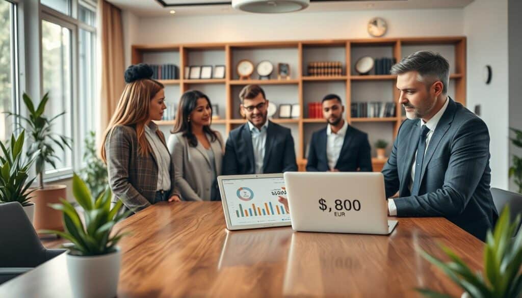 A professional business setting featuring a client consultation scene. In the foreground, a diverse group of three clients, dressed in smart casual attire, discussing an insurance policy with a confident insurance agent in a tailored suit. They are gathered around a polished wooden table, with a laptop displaying charts and figures related to the "6,800 EUR" insurance valuation. In the middle ground, an elegant office environment with large windows allowing natural light to stream in, plants adding a touch of greenery. In the background, shelves filled with books and awards indicate expertise and reliability. The atmosphere is collaborative and insightful, reflecting trust in the decision-making process, softly lit to create a warm, inviting mood.