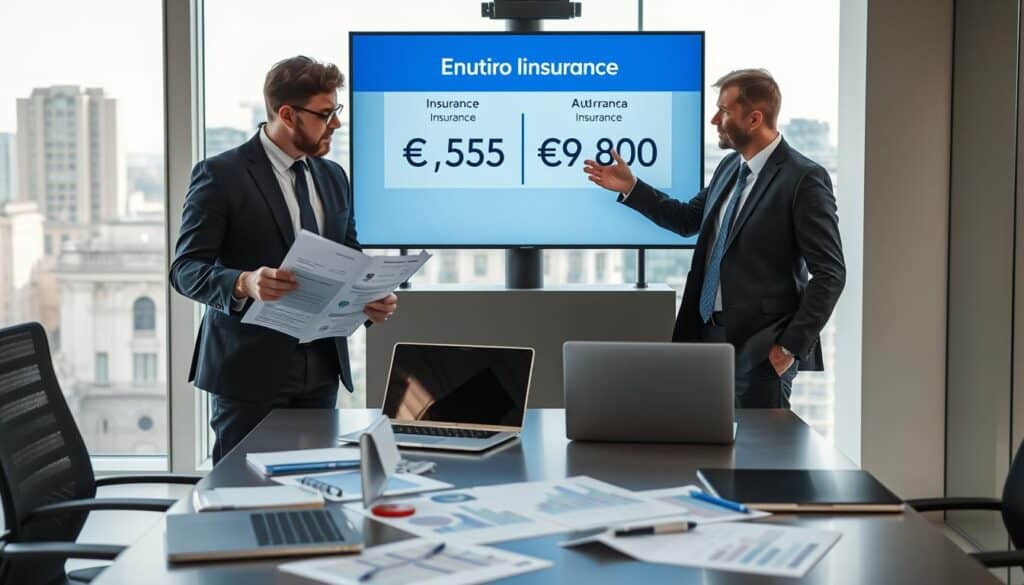 A professional business setting featuring two individuals in smart business attire discussing auto insurance in a modern office. In the foreground, one person is intently reviewing a document with financial figures while the other is gesturing towards a large screen displaying a comparative analysis of insurance quotes: €5,555 vs. €9,800. In the middle ground, a sleek conference table with laptops, notepads, and charts lays scattered, emphasizing an analytical approach to decision-making. The background shows a window with a cityscape view and soft natural light streaming in, creating a bright, focused atmosphere. The scene conveys professionalism and insightfulness, ideal for a case study comparison. A professional business setting featuring two individuals in smart business attire discussing auto insurance in a modern office. In the foreground, one person is intently reviewing a document with financial figures while the other is gesturing towards a large screen displaying a comparative analysis of insurance quotes: €5,555 vs. €9,800. In the middle ground, a sleek conference table with laptops, notepads, and charts lays scattered, emphasizing an analytical approach to decision-making. The background shows a window with a cityscape view and soft natural light streaming in, creating a bright, focused atmosphere. The scene conveys professionalism and insightfulness, ideal for a case study comparison.