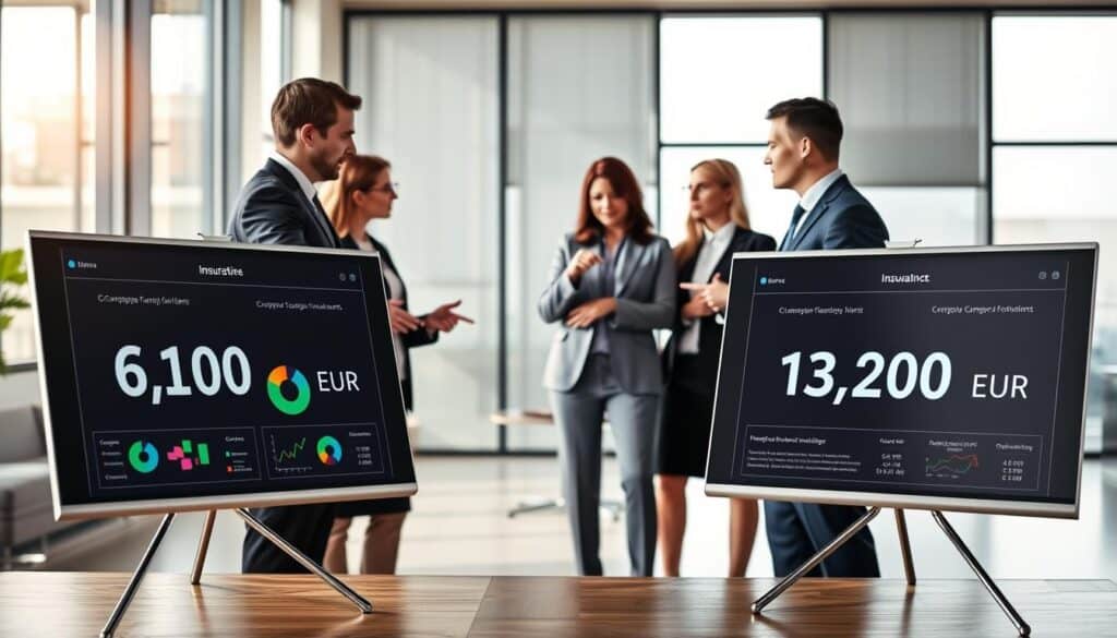A professional business setting showcasing a comparative analysis of insurance valuations. In the foreground, two sleek, modern presentation boards, one displaying "6,100 EUR" and the other "13,200 EUR," with detailed pie charts and graphs illustrating key data points. In the middle, a focused group of four business professionals dressed in smart attire, engaged in a discussion, pointing at the boards to underline their findings. The background features a contemporary office with large windows allowing soft, natural light to flood the space, creating an innovative and analytical atmosphere. The angle captures the dynamics of teamwork and emphasizes the importance of data-driven decisions in insurance valuation. The mood is serious yet collaborative, highlighting the significance of effective comparisons in financial assessments. A professional business setting showcasing a comparative analysis of insurance valuations. In the foreground, two sleek, modern presentation boards, one displaying "6,100 EUR" and the other "13,200 EUR," with detailed pie charts and graphs illustrating key data points. In the middle, a focused group of four business professionals dressed in smart attire, engaged in a discussion, pointing at the boards to underline their findings. The background features a contemporary office with large windows allowing soft, natural light to flood the space, creating an innovative and analytical atmosphere. The angle captures the dynamics of teamwork and emphasizes the importance of data-driven decisions in insurance valuation. The mood is serious yet collaborative, highlighting the significance of effective comparisons in financial assessments.