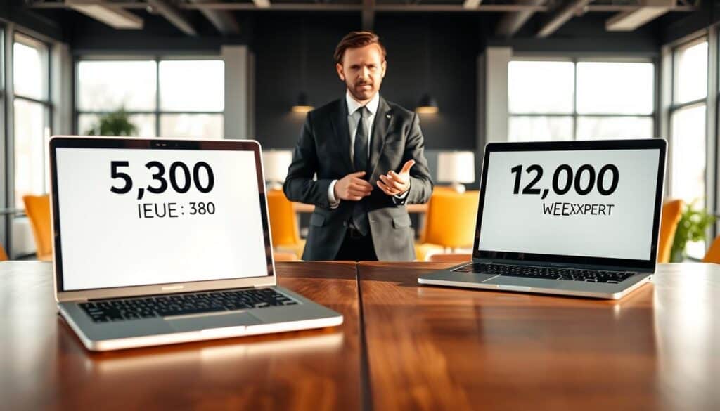 A professional comparison scene illustrating the valuation differences between an insurance provider and MOTOEXPERT. In the foreground, a polished wooden desk with two open laptops displaying contrasting figures: 5,300 EUR on one screen and 12,000 EUR on the other. On the middle ground, a business professional in formal attire, confidently discussing these valuations, with a thoughtful expression. In the background, a modern office environment with large windows allowing natural light to stream in, creating a bright and inviting atmosphere. The composition emphasizes clarity and focus on the differences in valuation, using a shallow depth of field to softly blur the background while keeping the foreground sharp to highlight the discussion of financial figures.