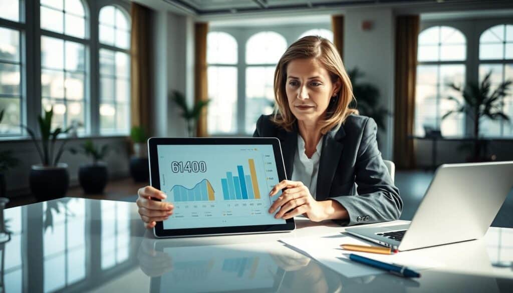 A professional financial analyst seated at a sleek modern desk, analyzing insurance policies, with two charts displayed prominently on a digital tablet. The foreground features the analyst, a middle-aged Caucasian woman in a tailored business suit, with a focused expression. In the middle ground, the tablet shows contrasting figures: "6,200 EUR" on one side and "11,400 EUR" on the other, symbolizing MOTOEXPERT. The background is an elegant office space with floor-to-ceiling windows, allowing natural light to spill in, casting soft shadows and creating a warm atmosphere. A few potted plants add a touch of life, while an open laptop and pen suggest an active work environment, reflecting the seriousness of the financial evaluation. The mood is professional and contemplative, emphasizing the importance of accurate insurance valuation.