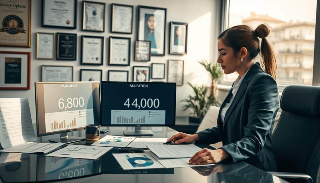 A professional insurance adjuster analyzing damage assessments in an office setting. In the foreground, a focused woman in business attire examines documents and reports on a sleek desk filled with charts and graphs. In the middle, large monitors display contrasting valuations of 6,800 EUR and 14,200 EUR, highlighting discrepancies. Behind her, a wall is adorned with framed certifications and industry awards, creating an atmosphere of expertise and authority. Soft, natural lighting filters in through a window, casting a warm glow across the scene, enhancing a feeling of professionalism and diligence. The camera angle is slightly elevated, providing a clear view of the adjuster's concentration and the informative background elements. A professional insurance adjuster analyzing damage assessments in an office setting. In the foreground, a focused woman in business attire examines documents and reports on a sleek desk filled with charts and graphs. In the middle, large monitors display contrasting valuations of 6,800 EUR and 14,200 EUR, highlighting discrepancies. Behind her, a wall is adorned with framed certifications and industry awards, creating an atmosphere of expertise and authority. Soft, natural lighting filters in through a window, casting a warm glow across the scene, enhancing a feeling of professionalism and diligence. The camera angle is slightly elevated, providing a clear view of the adjuster's concentration and the informative background elements.