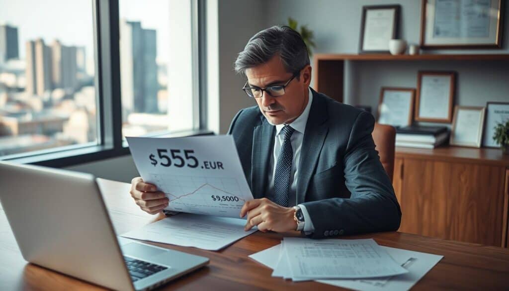 A professional insurance agent sitting at a wooden desk in a modern office, intently analyzing two distinct insurance valuation documents: one labeled "5,555 EUR" and the other "9,800 EUR". The agent, a middle-aged individual in a tailored suit, is surrounded by office decor including framed certificates and a large window allowing soft natural light to illuminate the space. In the background, a cityscape is visible outside the window, hinting at a thriving business environment. The foreground includes a laptop displaying a financial graph to emphasize the valuation process, while a focused and thoughtful atmosphere pervades the scene, conveying the critical role of the insurer in valuation. A professional insurance agent sitting at a wooden desk in a modern office, intently analyzing two distinct insurance valuation documents: one labeled "5,555 EUR" and the other "9,800 EUR". The agent, a middle-aged individual in a tailored suit, is surrounded by office decor including framed certificates and a large window allowing soft natural light to illuminate the space. In the background, a cityscape is visible outside the window, hinting at a thriving business environment. The foreground includes a laptop displaying a financial graph to emphasize the valuation process, while a focused and thoughtful atmosphere pervades the scene, conveying the critical role of the insurer in valuation.