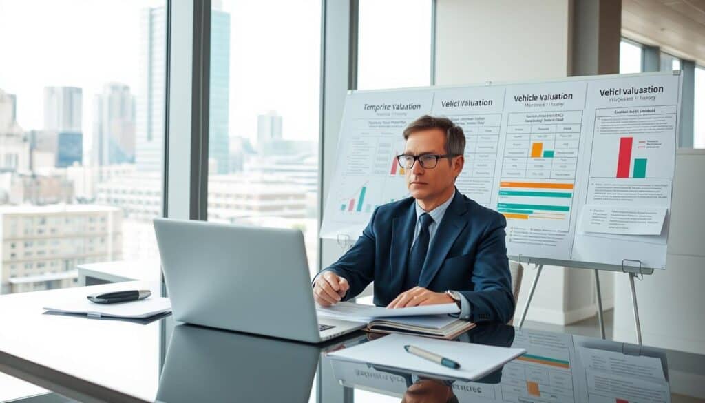 A professional insurance appraiser analyzing documents and data in a modern office environment. In the foreground, a middle-aged man in a smart navy suit and glasses is seated at a sleek desk, reviewing reports on a laptop with a focused expression. In the middle ground, a large whiteboard displays detailed charts comparing vehicle valuations, with bullet points and colorful graphs. The background features a large window allowing natural light to flood the room, showcasing a cityscape outside. The lighting is bright and professional, emphasizing a sense of clarity and purpose. The atmosphere is analytical and serious, perfect for showcasing a comparison of valuation methods in a corporate setting. A professional insurance appraiser analyzing documents and data in a modern office environment. In the foreground, a middle-aged man in a smart navy suit and glasses is seated at a sleek desk, reviewing reports on a laptop with a focused expression. In the middle ground, a large whiteboard displays detailed charts comparing vehicle valuations, with bullet points and colorful graphs. The background features a large window allowing natural light to flood the room, showcasing a cityscape outside. The lighting is bright and professional, emphasizing a sense of clarity and purpose. The atmosphere is analytical and serious, perfect for showcasing a comparison of valuation methods in a corporate setting.