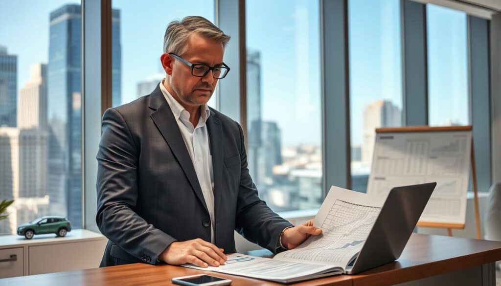 A professional insurance appraiser standing confidently at a modern office desk, examining detailed vehicle reports with a laptop open in front. The appraiser is a middle-aged man in a sleek business suit, glasses resting on the bridge of his nose, deep in thought. In the background, large windows reveal a bustling cityscape, with tall buildings and clear blue skies, suggesting a sense of trust and reliability. The room is well-lit with soft artificial lighting creating a warm atmosphere. A few vehicle models are neatly arranged on a shelf, and a large whiteboard filled with charts is visible. The focus is on the appraiser's analytical expression, conveying a mood of professionalism and expertise. No text or watermarks present. A professional insurance appraiser standing confidently at a modern office desk, examining detailed vehicle reports with a laptop open in front. The appraiser is a middle-aged man in a sleek business suit, glasses resting on the bridge of his nose, deep in thought. In the background, large windows reveal a bustling cityscape, with tall buildings and clear blue skies, suggesting a sense of trust and reliability. The room is well-lit with soft artificial lighting creating a warm atmosphere. A few vehicle models are neatly arranged on a shelf, and a large whiteboard filled with charts is visible. The focus is on the appraiser's analytical expression, conveying a mood of professionalism and expertise. No text or watermarks present.