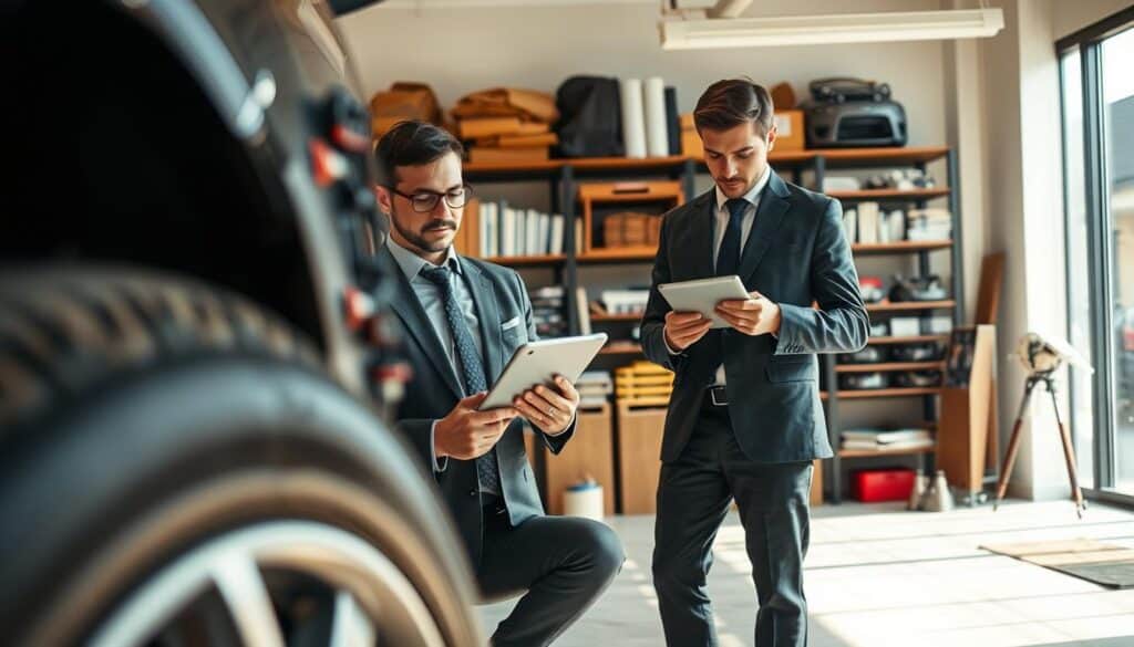 A professional-looking automotive expert examining a car in a well-lit office environment. In the foreground, a detailed close-up of the vehicle's features being assessed, highlighting the bodywork and tires. In the middle ground, the automotive expert, dressed in a tailored suit, takes notes on a digital tablet, showcasing meticulous attention to detail. In the background, shelves filled with automotive books and tools, along with a large window letting in soft, natural light. The atmosphere is one of professionalism and expertise, with a sense of focus and clarity, suitable for a leader in the vehicle appraisal industry. Use a warm and inviting color palette to create a feeling of trust and reliability. A professional-looking automotive expert examining a car in a well-lit office environment. In the foreground, a detailed close-up of the vehicle's features being assessed, highlighting the bodywork and tires. In the middle ground, the automotive expert, dressed in a tailored suit, takes notes on a digital tablet, showcasing meticulous attention to detail. In the background, shelves filled with automotive books and tools, along with a large window letting in soft, natural light. The atmosphere is one of professionalism and expertise, with a sense of focus and clarity, suitable for a leader in the vehicle appraisal industry. Use a warm and inviting color palette to create a feeling of trust and reliability.