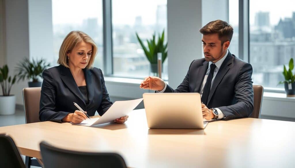A professional negotiation scene focused on insurance valuation, featuring two business professionals seated at a conference table. The foreground shows a middle-aged woman in a tailored suit, holding a pen and examining a document. Opposite her, a man in smart business attire is gesturing towards a laptop displaying charts and figures. In the middle ground, there's a large window with soft natural light pouring in, adding an atmosphere of openness and opportunity. The background contains a modern office with minimalist decor, potted plants, and a city view. The overall mood is serious yet collaborative, emphasizing strategic discussion and decision-making in insurance valuation negotiations.