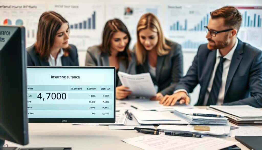 A professional office environment filled with insurance paperwork and financial documents. In the foreground, a computer screen displays two competing insurance quotes, one marked 4,700 EUR and the other 9,900 EUR, clearly visible but without any logos or branding. In the middle ground, a diverse group of three people in professional business attire engage in a discussion, analyzing the quotes intently. The background shows a well-lit modern office with charts and graphs related to insurance trends on the walls. The mood is focused and analytical, emphasizing decision-making. The lighting is bright and even, highlighting the serious atmosphere of evaluating insurance options. Use a slight depth of field to keep the focus on the people and the quotes while softly blurring the background elements. A professional office environment filled with insurance paperwork and financial documents. In the foreground, a computer screen displays two competing insurance quotes, one marked 4,700 EUR and the other 9,900 EUR, clearly visible but without any logos or branding. In the middle ground, a diverse group of three people in professional business attire engage in a discussion, analyzing the quotes intently. The background shows a well-lit modern office with charts and graphs related to insurance trends on the walls. The mood is focused and analytical, emphasizing decision-making. The lighting is bright and even, highlighting the serious atmosphere of evaluating insurance options. Use a slight depth of field to keep the focus on the people and the quotes while softly blurring the background elements.