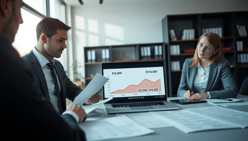 A professional office environment showcasing a vehicle valuation meeting. In the foreground, two individuals in business attire, a man and a woman, are reviewing documents and discussing figures with a focused expression. In the middle, there's a large table filled with car valuation reports and a laptop displaying a graph comparing values, emphasizing the difference between €6,800 and €14,200. The background features a large window allowing natural light to spill in, casting soft shadows, and an office with shelves filled with automotive guides and legal documents. The overall mood is analytical and serious, with a color palette of cool tones to evoke professionalism and trust.