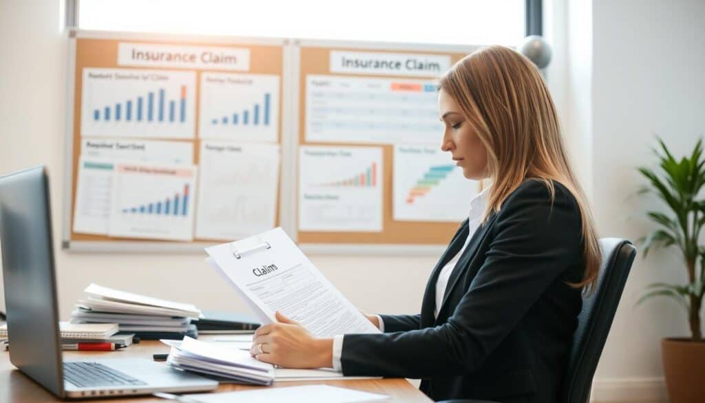 A professional office setting depicting the process of filing a complaint for an insurance claim. In the foreground, a focused businesswoman in professional attire is carefully reviewing a claim document at a desk cluttered with papers and a laptop. The middle ground features a wall-mounted bulletin board displaying charts and graphs related to insurance payouts. In the background, a large window lets in bright, natural light, illuminating the scene and casting soft shadows. The mood is one of diligence and attention to detail, emphasizing the importance of clarity and organization in the claims process. Capture the scene with a slight depth of field effect, focusing on the woman while softly blurring the background for a professional aesthetic. A professional office setting depicting the process of filing a complaint for an insurance claim. In the foreground, a focused businesswoman in professional attire is carefully reviewing a claim document at a desk cluttered with papers and a laptop. The middle ground features a wall-mounted bulletin board displaying charts and graphs related to insurance payouts. In the background, a large window lets in bright, natural light, illuminating the scene and casting soft shadows. The mood is one of diligence and attention to detail, emphasizing the importance of clarity and organization in the claims process. Capture the scene with a slight depth of field effect, focusing on the woman while softly blurring the background for a professional aesthetic.