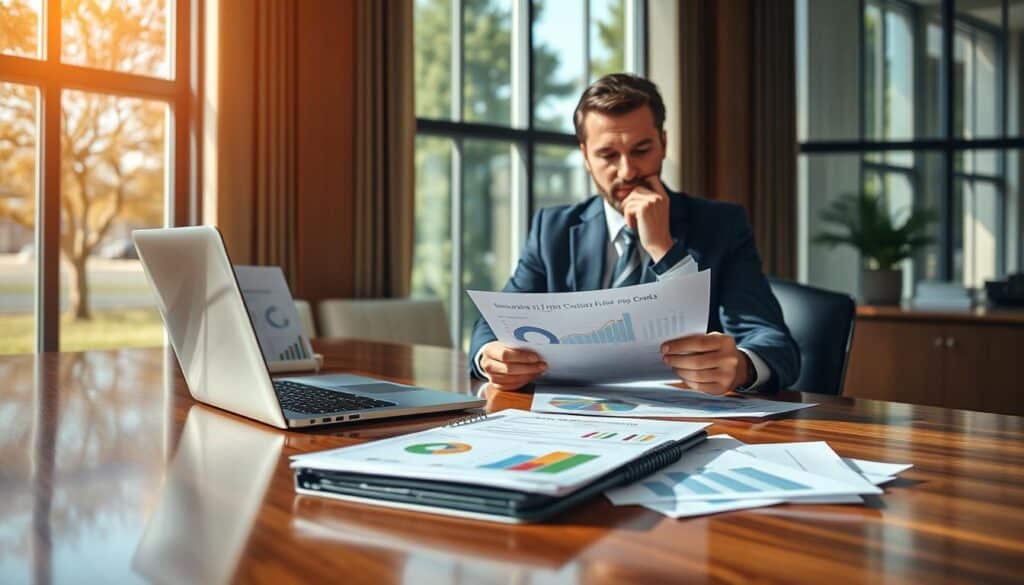 A professional office setting with a polished wooden desk in the foreground, adorned with financial documents and a laptop displaying colorful graphs related to insurance cost projections. In the middle ground, a thoughtful business professional in a smart suit examines the documents, their expression contemplative and focused, symbolizing decision-making about future insurance costs. In the background, large windows let in natural light, casting soft shadows across the space, enhancing a sense of clarity and professionalism. The color palette should be warm and inviting, with a blend of browns, greens, and golds, evoking a sense of careful analysis and strategic planning. Outdoor elements, such as trees or a cityscape, can be faintly visible through the windows, adding life to the scene while keeping the emphasis on the subject matter. A professional office setting with a polished wooden desk in the foreground, adorned with financial documents and a laptop displaying colorful graphs related to insurance cost projections. In the middle ground, a thoughtful business professional in a smart suit examines the documents, their expression contemplative and focused, symbolizing decision-making about future insurance costs. In the background, large windows let in natural light, casting soft shadows across the space, enhancing a sense of clarity and professionalism. The color palette should be warm and inviting, with a blend of browns, greens, and golds, evoking a sense of careful analysis and strategic planning. Outdoor elements, such as trees or a cityscape, can be faintly visible through the windows, adding life to the scene while keeping the emphasis on the subject matter.