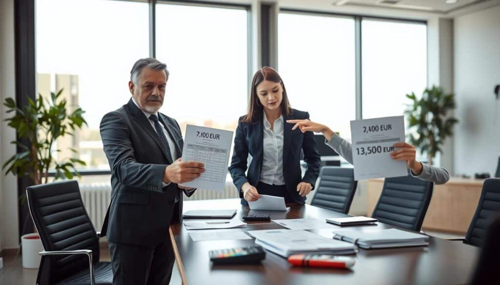 A professional office setting with two experts analyzing insurance damage estimates side by side. In the foreground, a middle-aged male insurance agent in a sharp suit points to a document with the figure "7,100 EUR," while a young female consultant, dressed in professional business attire, gestures towards a report showing "13,500 EUR." In the middle ground, a sleek modern desk is cluttered with papers, laptops, and a calculator. The background features large windows allowing natural light to flood the room, creating a bright atmosphere. The lighting is soft yet focused, highlighting the intensity of their discussion. The mood is serious and analytical, emphasizing the significant impact of valuation on the client's future.