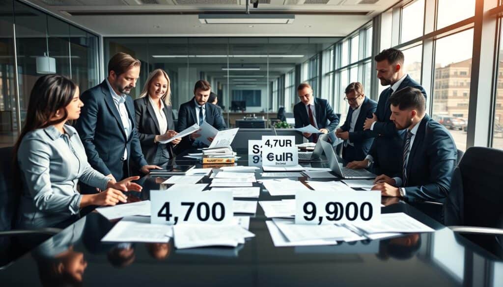 A professional setting depicting a meeting room with two groups of business professionals discussing car insurance appraisals. In the foreground, a diverse group of three individuals, one woman and two men, dressed in formal business attire, are examining documents with expressions of curiosity and concern. The middle ground features a large conference table strewn with papers and laptops, highlighting a contrast between two distinct price quotes: 4,700 EUR and 9,900 EUR. The background includes a modern office with large windows letting in bright, natural light, casting soft shadows and creating a serious yet engaging atmosphere. The scene should evoke a sense of debate and analysis, focusing on the differing expert opinions regarding the insurance valuations. Use a slight tilt angle for a dynamic perspective. A professional setting depicting a meeting room with two groups of business professionals discussing car insurance appraisals. In the foreground, a diverse group of three individuals, one woman and two men, dressed in formal business attire, are examining documents with expressions of curiosity and concern. The middle ground features a large conference table strewn with papers and laptops, highlighting a contrast between two distinct price quotes: 4,700 EUR and 9,900 EUR. The background includes a modern office with large windows letting in bright, natural light, casting soft shadows and creating a serious yet engaging atmosphere. The scene should evoke a sense of debate and analysis, focusing on the differing expert opinions regarding the insurance valuations. Use a slight tilt angle for a dynamic perspective.