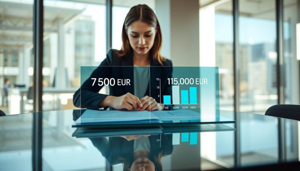 A professional setting that captures the impact of insurance valuation on decision-making. In the foreground, a confident businesswoman in a smart suit, analyzing documents and charts on a sleek glass table. The middle layer features a digital display showing two contrasting insurance valuations: 7,500 EUR on one side and 15,000 EUR on the other, depicted as bar graphs. The background includes a modern office environment with large windows allowing natural light to filter in, creating a bright and focused atmosphere. Soft shadows enhance the depth, and a camera angle from slightly above emphasizes the decision-making process. The mood is analytical and serious, illustrating the importance of valuation in insurance decisions.