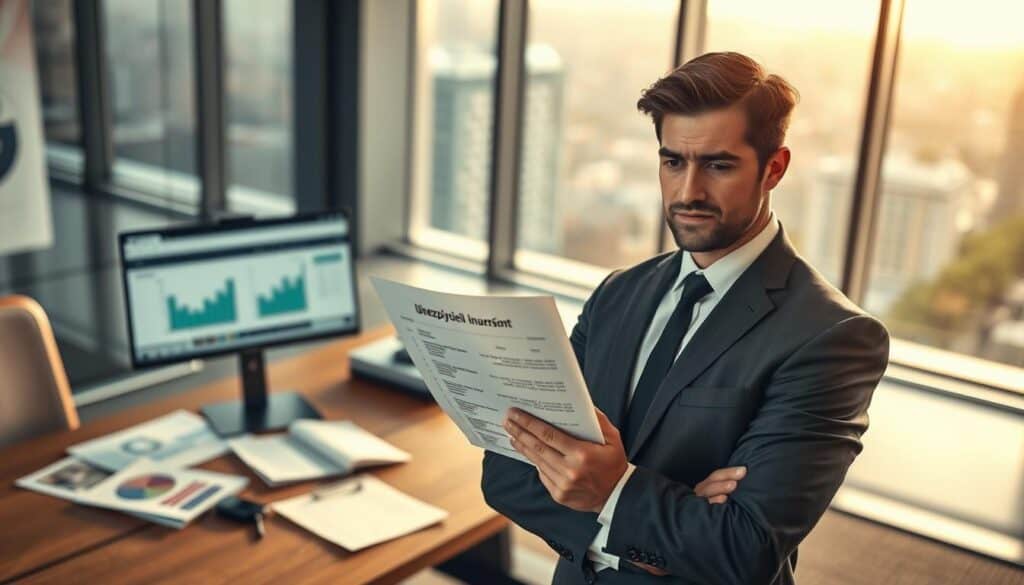 A realistic, professional setting showcasing the concept of "Ubezpieczyciel 5 300 EUR". In the foreground, a confident business professional in formal attire is examining a document that lists insurance options, showcasing a thoughtful expression. In the middle ground, a sleek modern office with a polished wooden desk, a computer displaying data analytics, and financial reports scattered across the surface. The background features a large window with natural light pouring in, offering a cityscape view, hinting at a busy urban environment. The atmosphere is serious and analytical, emphasizing financial decisions and insurance evaluations. Soft, warm lighting enhances the professional ambiance, and a slight depth of field draws attention to the main subject while blurring the office details subtly.
