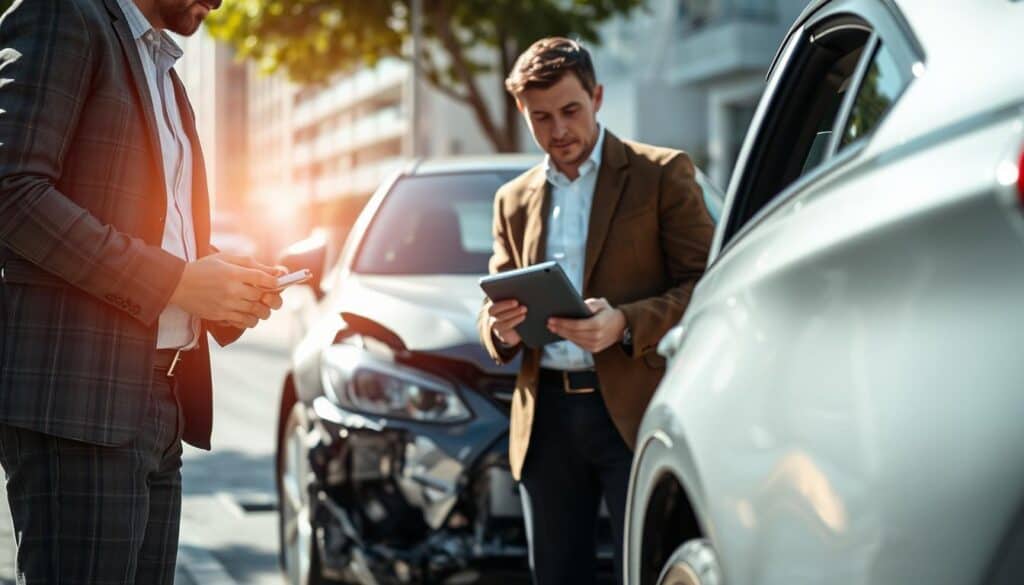 A scene depicting the documentation of vehicle damage after an accident, focusing on a professional investigator examining a damaged car in the foreground. The investigator, dressed in smart casual clothing, is holding a tablet and taking notes. In the middle ground, the damaged car is prominently displayed with visible scrapes and dents under natural daylight. Behind the car, the blurred outline of a city street can be seen, adding context to the location. The atmosphere is serious and focused, emphasizing the importance of thorough documentation for insurance claims. The lighting is bright and natural, enhancing the details of the vehicle and the investigator's expressions. The angle is slightly low, giving a sense of depth and significance to the scene.