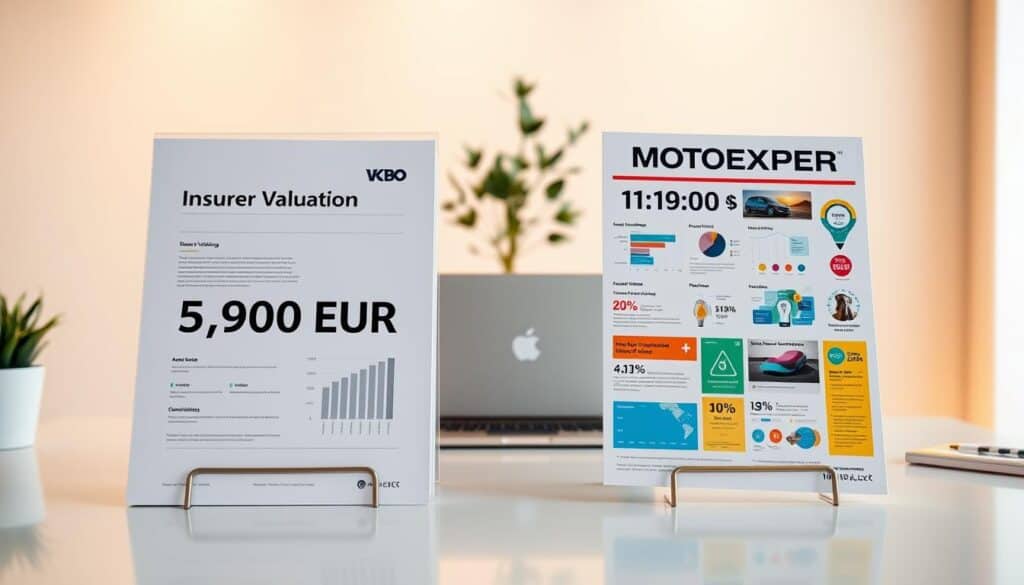 A side-by-side visual comparison of two insurance valuation reports on a clean, modern desk. On the left, a sleek document labeled "Insurer Valuation: 5,900 EUR" with professional graphics and charts, while on the right, a vibrant report marked "MOTOEXPERT: 11,800 EUR" featuring eye-catching visuals and infographics. In the background, a soft-focused office setting with warm lighting, including a potted plant and a laptop, creates a professional atmosphere. Use a slightly elevated angle to capture both documents evenly. Ensure the image conveys a sense of clarity and comparison, emphasizing the differences in valuation. No text or branding should be visible in the scene.