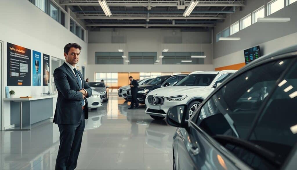 A sleek and modern image of a car dealership, showcasing a range of vehicles in a well-lit and organized space. In the foreground, a confident professional dressed in business attire is examining a car, possibly discussing its market value with another individual. The middle ground features various cars, each highlighted under soft natural lighting to emphasize their unique features. The background shows office elements like a reception desk, promotional posters about vehicle evaluations, and digital screens displaying market values. The atmosphere is serious and informative, reflecting the importance of vehicle market value in decision-making. Use a wide-angle lens to capture the scene and add a warm color palette to evoke a welcoming yet professional mood.