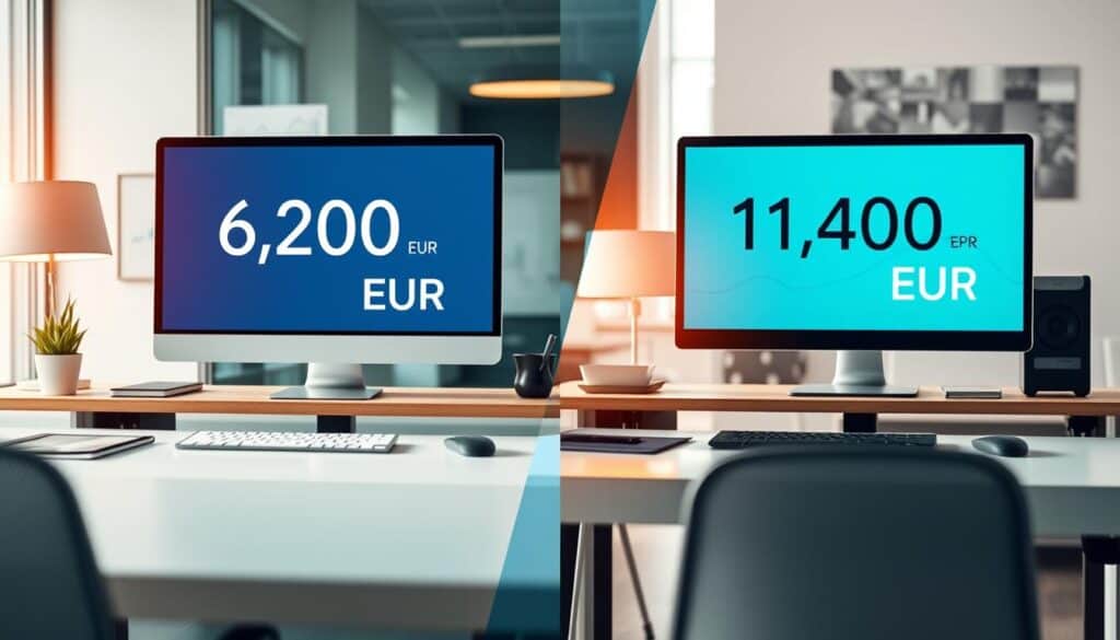 A split-screen design illustrating a comparison between two insurance valuation figures. On the left side, a clear depiction of a professional business setting with a modern office desk featuring a computer screen displaying the figure "6,200 EUR" in a sleek font. On the right, a similar office desk but showcasing "11,400 EUR" on the screen. Incorporate financial elements like graphs or charts subtly in the background. The lighting should be bright, conveying a sense of professionalism, and a slightly warm ambiance, hinting at a busy work environment. Use a wide-angle lens to capture both desks and convey a sense of active comparison. The mood is analytical and focused, inviting viewers to contemplate the differences in pricing. A split-screen design illustrating a comparison between two insurance valuation figures. On the left side, a clear depiction of a professional business setting with a modern office desk featuring a computer screen displaying the figure "6,200 EUR" in a sleek font. On the right, a similar office desk but showcasing "11,400 EUR" on the screen. Incorporate financial elements like graphs or charts subtly in the background. The lighting should be bright, conveying a sense of professionalism, and a slightly warm ambiance, hinting at a busy work environment. Use a wide-angle lens to capture both desks and convey a sense of active comparison. The mood is analytical and focused, inviting viewers to contemplate the differences in pricing.